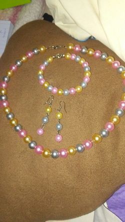 Faux Pearl Necklace, Earrings And Bracelet