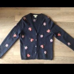 NEW Eddie Bauer Women Embroidered Crochet Flower Flora Knit Crochet Navy Blue Sweater Button Cardigan Jacket Coat  Size XS-S