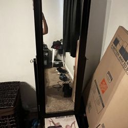 Dark Wood Full Length Mirror Jewelry Armoire