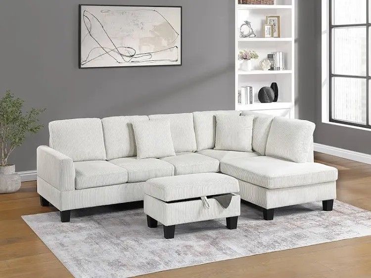 Brand New Ivory Color Corduroy Sectional Sofa Couch +Storage Ottoman (New In Box) 