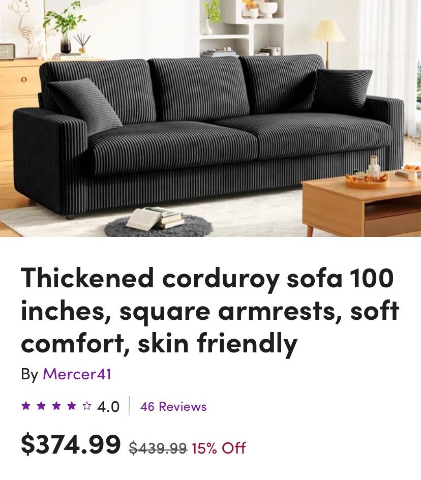 Brand new Black Corduroy Sofa 100in