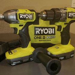 RYOBIONE+ HP 18V Brushless Cordless 1/2 in. Hammer Drill and 1/4 in 4-Mode Impact Driver Kit w/ (2) Batteries, Charger, & Bag