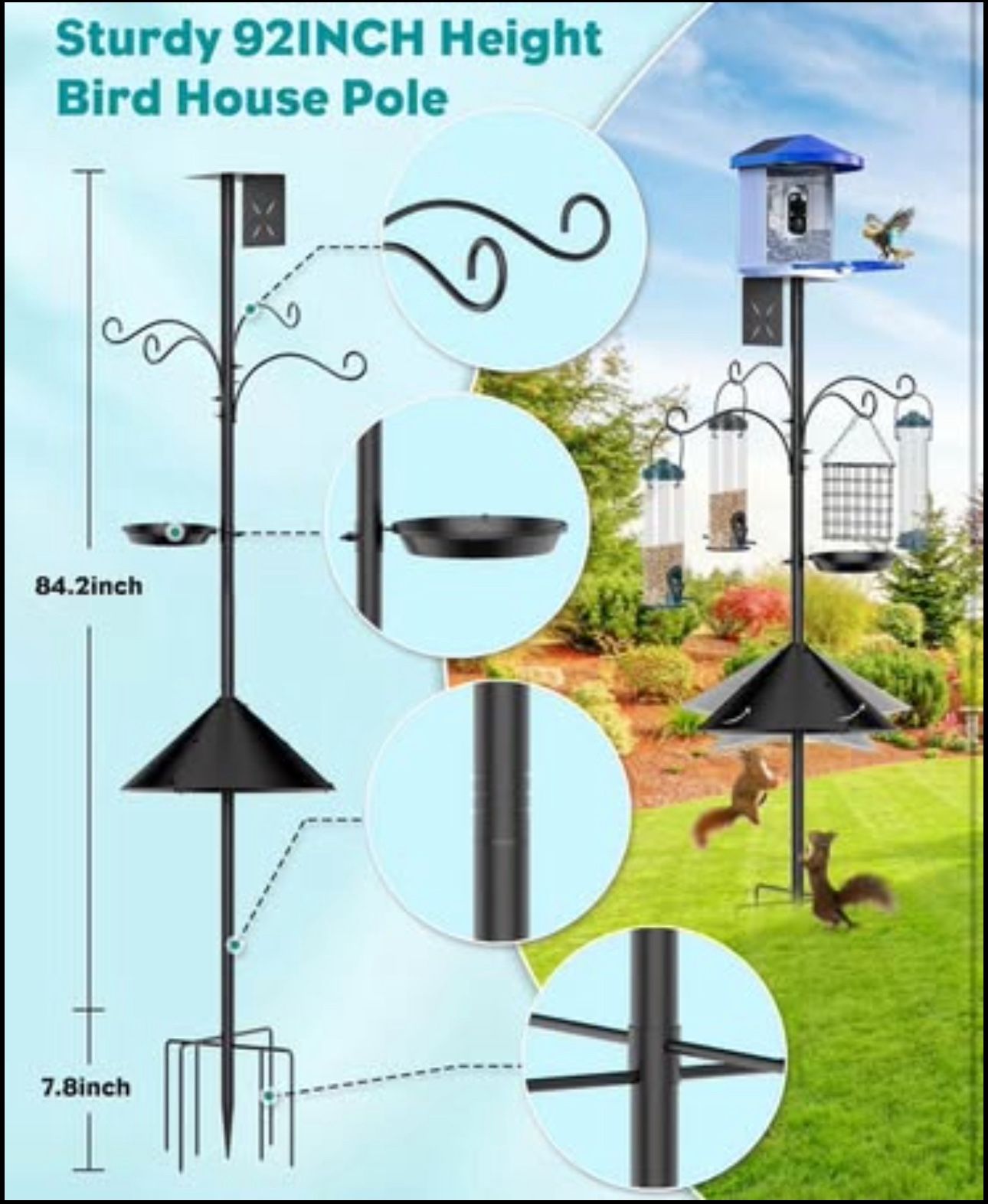 Bird Feeder Pole 92 Inch, Bird Squirrel Proof Baffle Heavy Duty Stand Feeding Station for Outside Backyard Garden Wild Birds Watching