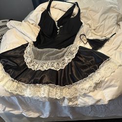 Sexy French Maid Nightie Black Cream Lace 38 C With Size L Thong Great Condition Jolie Brand!