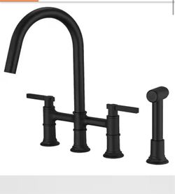 Double Handle Bridge Kitchen Faucet with Side Sprayer Brass Commercial Kitchen Sink Faucets 4-Holes in Matte Black
