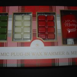 NEW IN BOX MERRY CERAMIC PLUG IN WAX RED WARMER WITH 24 MELTS CHRISTMAS GIFT SET! 
