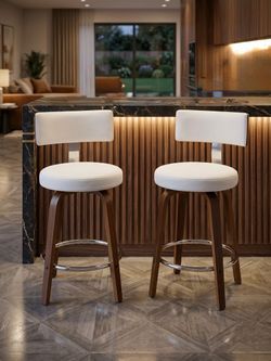 26” Swivel Counter Height Bar Stools Set of 2 White PU Leather Upholstered Round Seat with Back