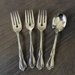 3 Oneida Ltd Deluxe Strathmore Stainless Steel Salad Forks 6 1/4" +Sugar Spoon