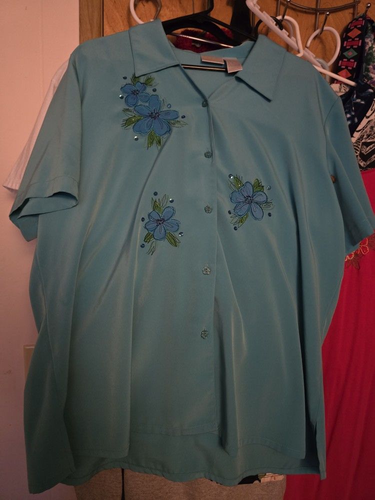 Blue Floral Embroidered Shirt