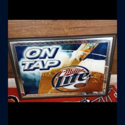 VINTAGE MILLER LITE BEER FRAMED MIRROR SIGN ON TAP 