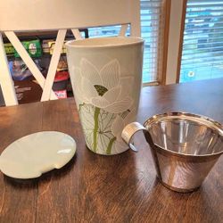 Floral Ceramic Travel Mug with Loose Leaf Tea Strainer