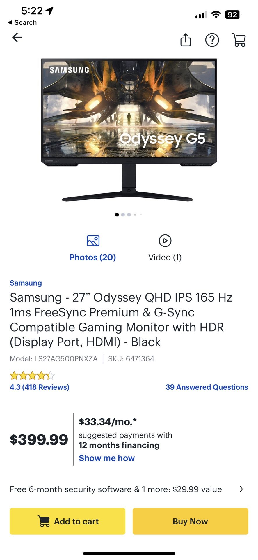 New Samsung Odyssey G5 27” QHD 165 Hz Gaming Monitor