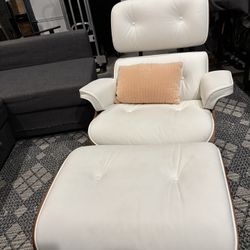 Genuine Leather Midcentury Chair with Ottoman