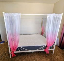 White Metal Canopy Bed Frame w/ Mattress,  Curtains & Comfortor