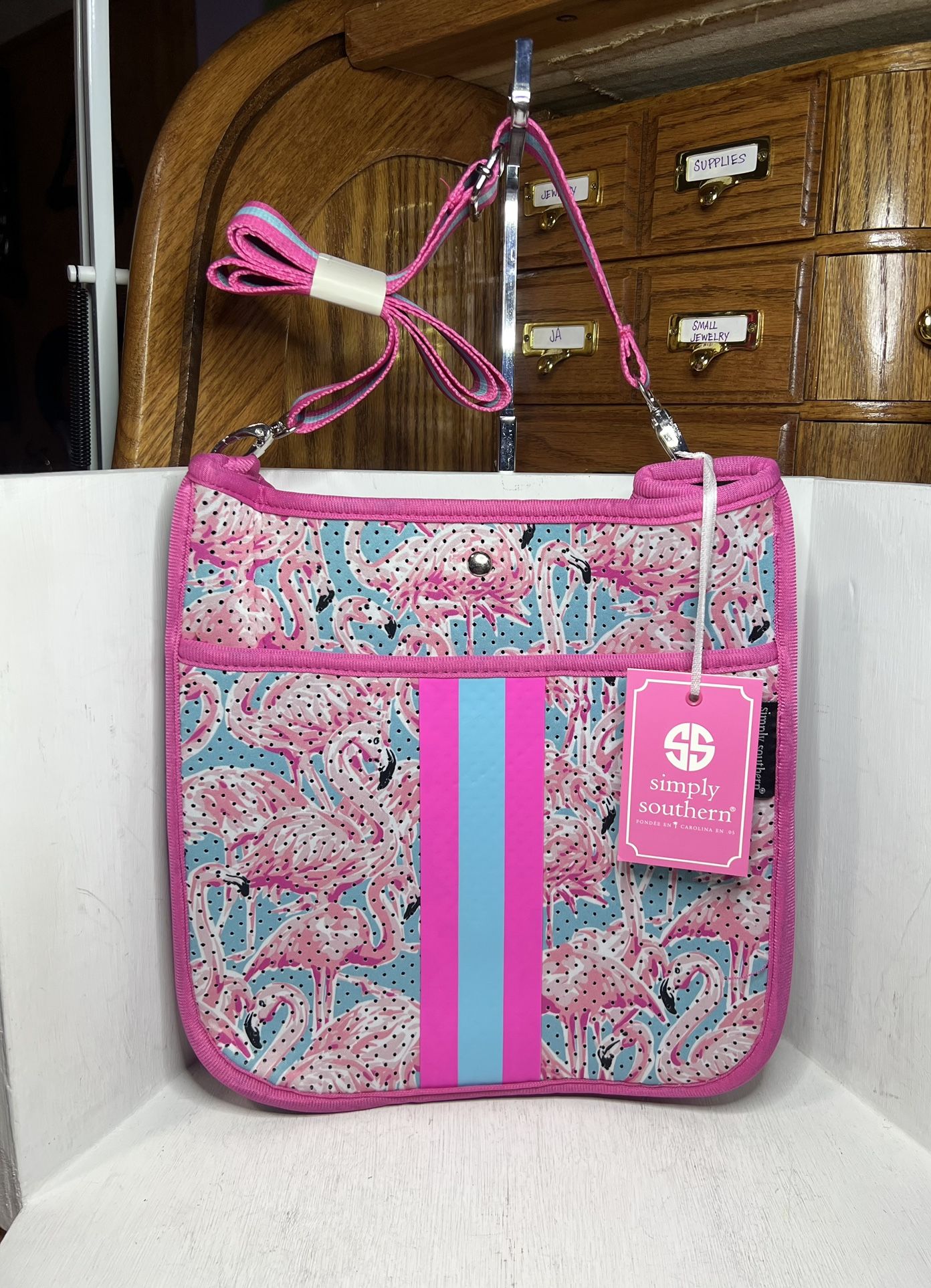 NWT Simply Southern Flamingo Pink/Blue Neoprene Large Crossbody