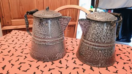 Antique Graniteware Enamel Coffee Pots Set of 2