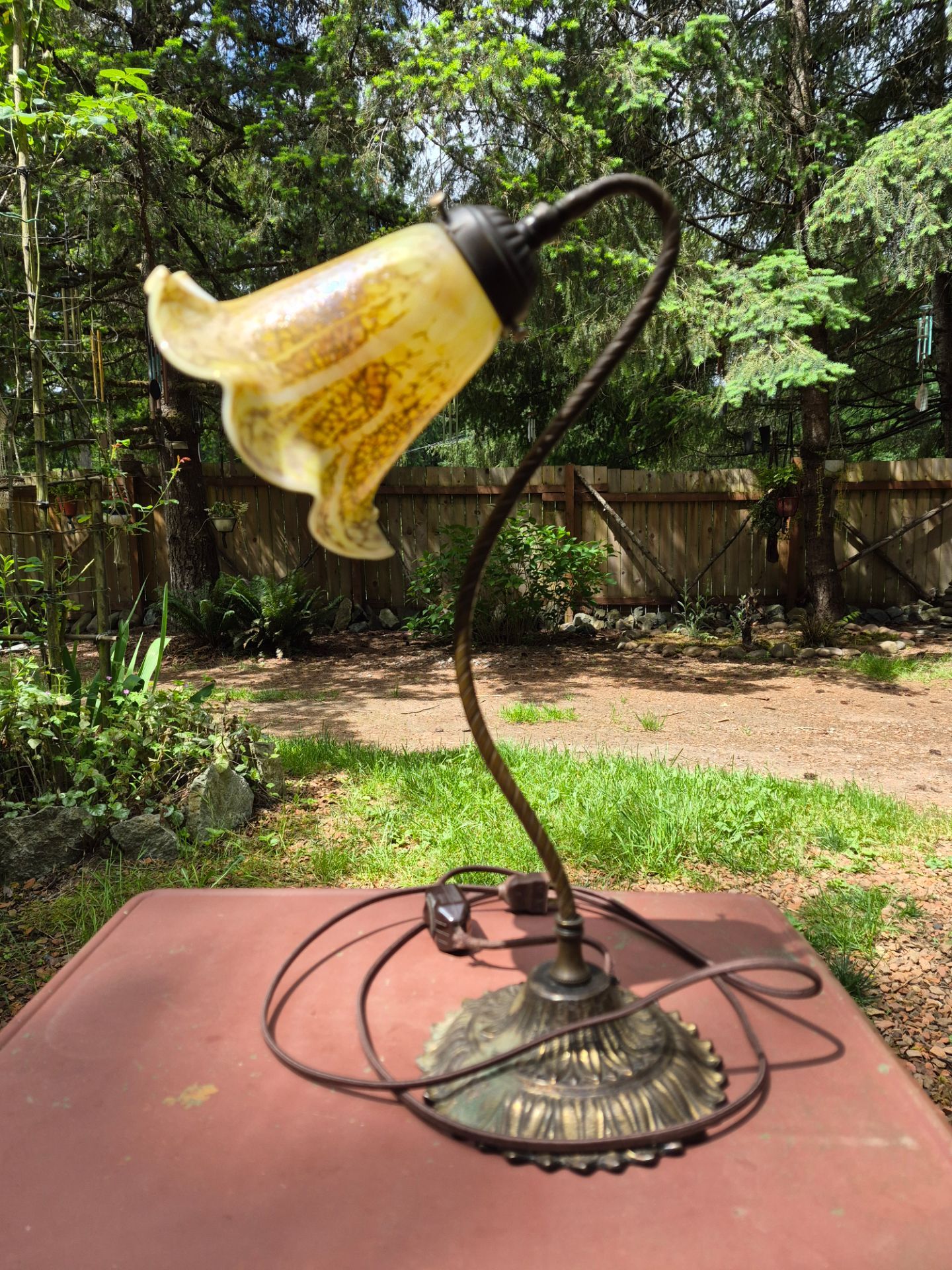 Vintage Brass Casted Metal Gooseneck Flower Desk Lamp
