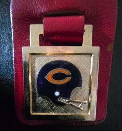 Vintage Chicago Bears NFL Square Metal & Red Leatherette 1980's Keychain
