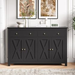 55.1'' W 4-Doors 2-Drawers Farmhouse Kitchen Buffet Cabinet with Storage, Wood Sideboard with Adjustable Shelves, Black