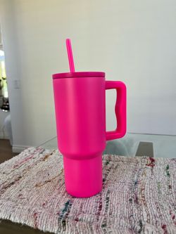 40oz Handle Tumbler with Straw – Matte Insulated Cup | Green Pink | Stanley Style