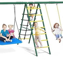 Swing Sets for Backyard, 6 in 1 Swing Sets,Heavy-Duty Metal Swing Sets for Backyard with 2 Swings, Climbing Ladder and Nets,Trapeze Bar and Basketball