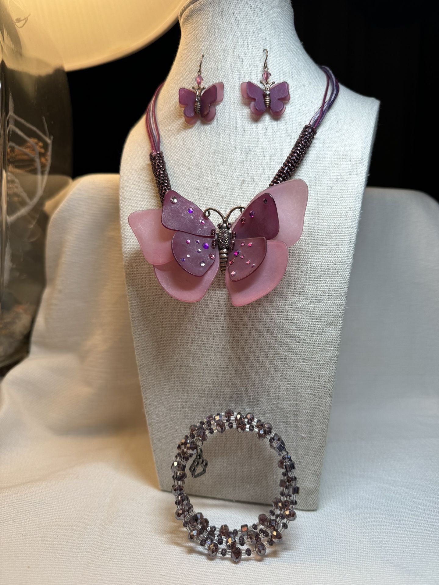 Vintage Plum Frosted Lucite Butterfly Necklace,Earrings,Bracelet  Set