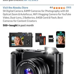 5K Digital Camera, 64MP Cameras for Photography with 6X Optical Zoom & Autofocus, WiFi Vlogging Camera for YouTube Video, Dual-Lens, 2 Batteries, 64GB