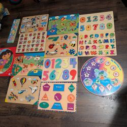 13 Wood puzzles for toddler/ kids shapes, letters numbers animals leap frog 