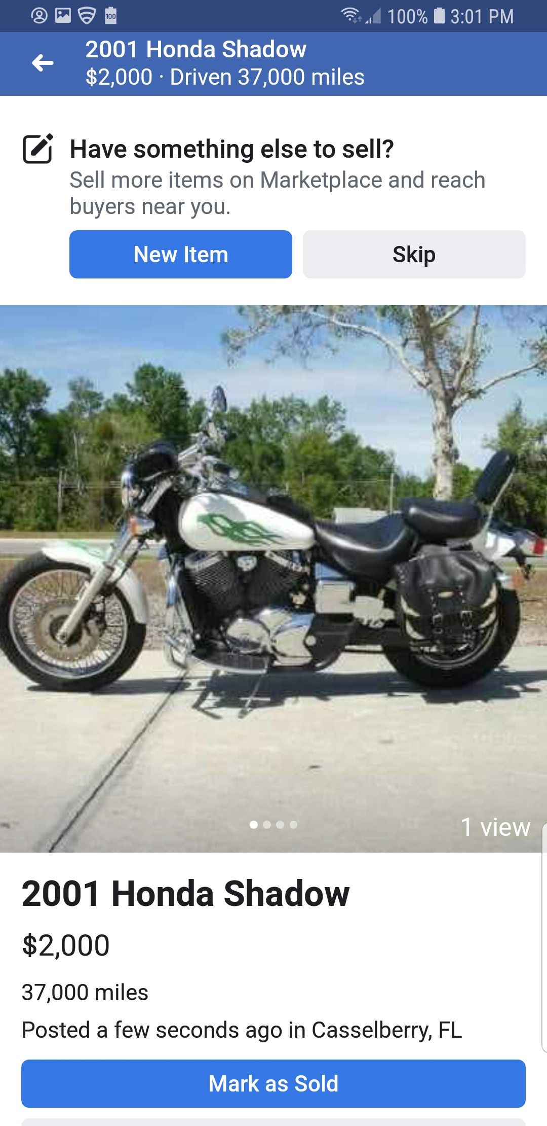 2001 Honda Shadow Motorcycle 750 cc.