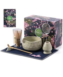 Buucup Matcha Whisk Set, Ceramic Matcha Kit Set Includes Matcha Bowl, Matcha Whisk and Holder, Bamboo Scoop, Scoop Rest, Sifter and Tea Towel - 7 Pcs