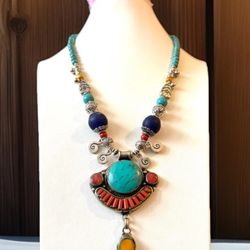Vintage & Handcrafted Ethnic Tribal Theme Pendant Necklace With Stones Set In Silver 22”inch & 123Grams