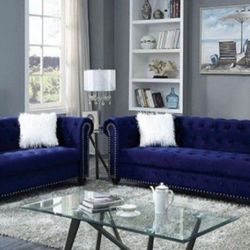 Brand New Blue Velvet Sofa And Love Seat 