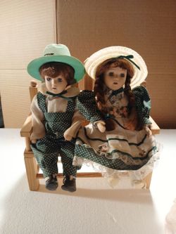 Porcelain Boy and Girl Doll Set with Bench