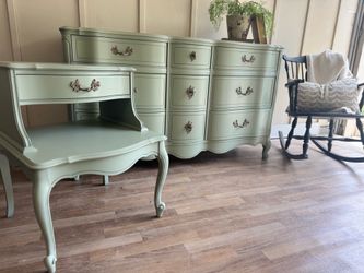 Stunning sage green French triple dresser and one nightstand
