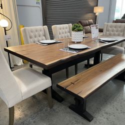 Rustic Wood Dining Table, 4 Beige Chairs, Bench