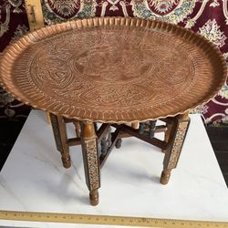 Persian Copper Tray Top Table With Inlay Wood Base 
