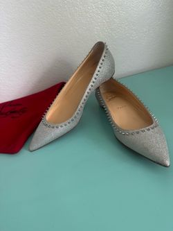 Christian Louboutin new 37,ANJALINA FLAT GLITTER MINI SV71 SILVER,serial#1200727