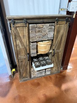 Rustic Barn Door Game Cabinet + Giant Stacking Blocks & Tic-Tac-Toe