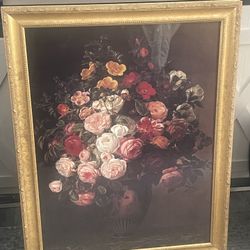 Framed floral still life print of pink roses by Johan L. Jensen. 31.75”x 27.75” Including Frame