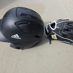 Wilson A500 10.5" glove for youth.....Adidas batting helmet (size 6 1 /2"-7 1/8")