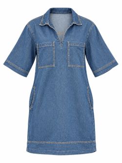 Women’s Blue Denim Shirt Dress Medium Collared V Neck