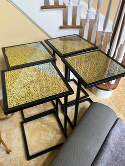 Pier 1 Atalia mosaic sofa tables or laptop C tables — set of 4 Reversible glass on top Snack tables 15 sq x 26.5h