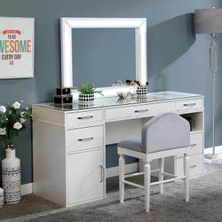 White Finish LED Light Mirror Vanity Set