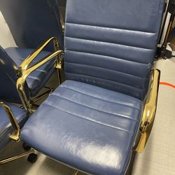 Mid Back Navy Faux Leather Chairs With Gold Arms And Base