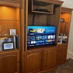 Solid Oak Wall Unit Entertainment Center with Lighted Display Cabinets