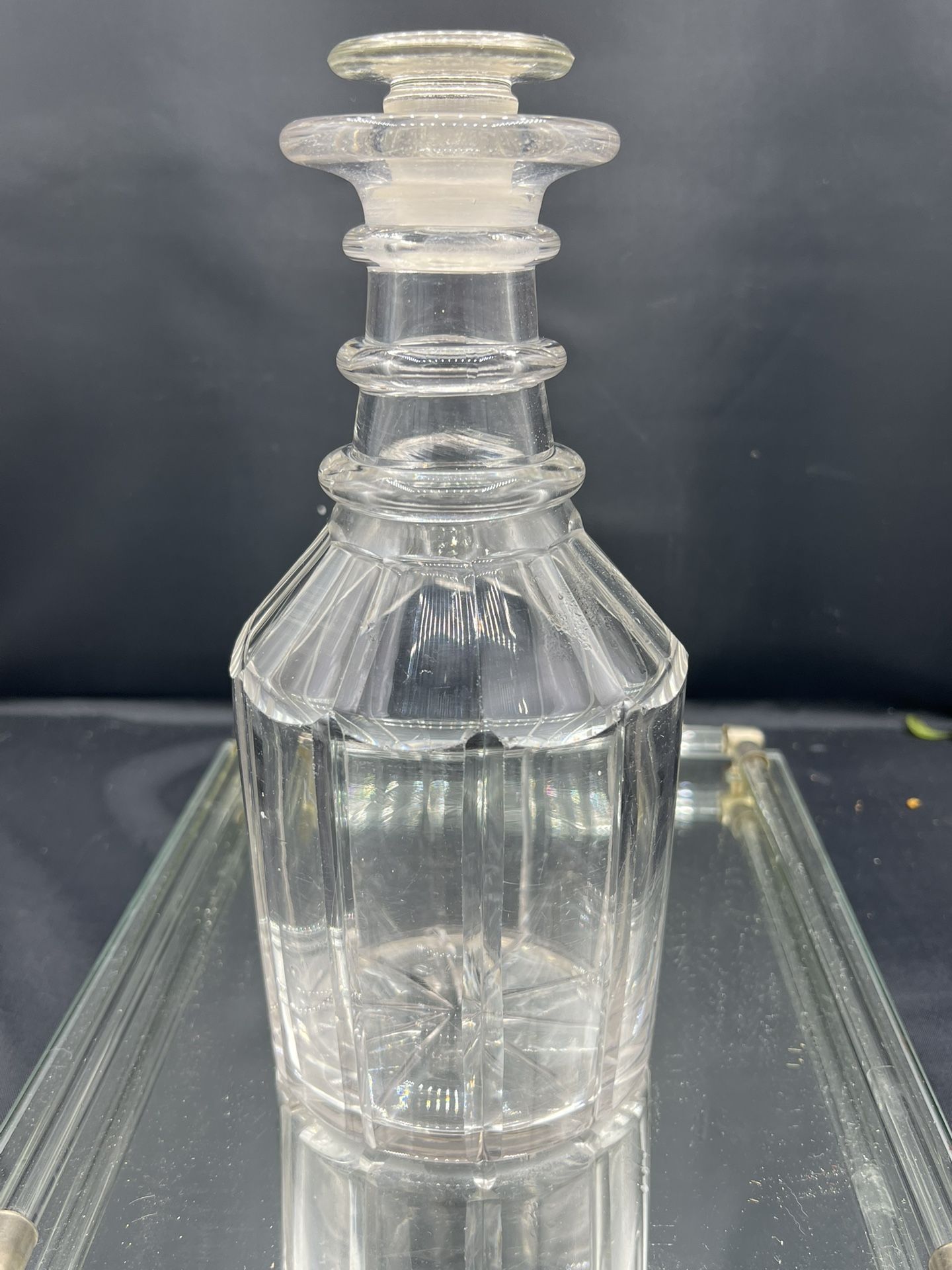 Antique 3 Ring French Cut Glass Panel Faceted Decanter Bottle with Stopper