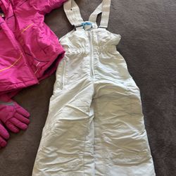  Kids Pink Winter Jacket, White Snow Pants & Gloves 4-5T