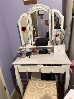 White Vanity Makeup Desk with Mirror & Stool