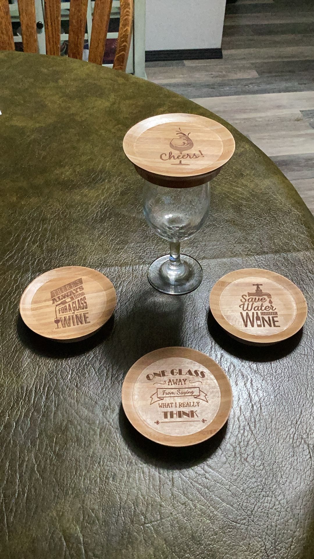 Bamboo Coaster Or appetizer Dish A Top Your Wine Glass