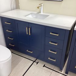 55” Vanity Navy Blue, Solid Wood, Stone Top, Available For Pick Up